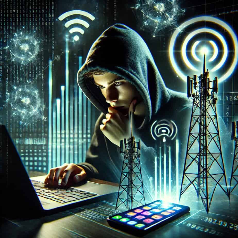 A tense scene showing a teenager in a hoodie sitting in front of a laptop, using a fake cell tower to exploit mobile devices. In the background, digit