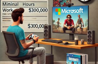 DALL·E 2024-10-01 18.06.53 - A humorous scene depicting a Microsoft employee sitting in front of a desk with a gaming setup, casually playing video games with a controller. Next t