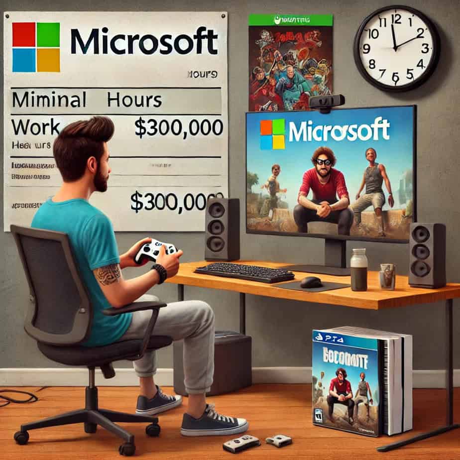 DALL·E 2024-10-01 18.06.53 - A humorous scene depicting a Microsoft employee sitting in front of a desk with a gaming setup, casually playing video games with a controller. Next t